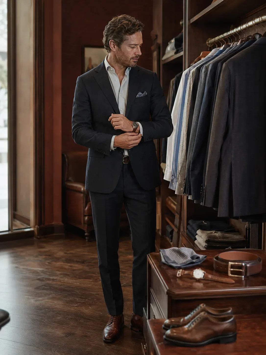 Elegante heer in een op maat gesneden donker pak van Tailors