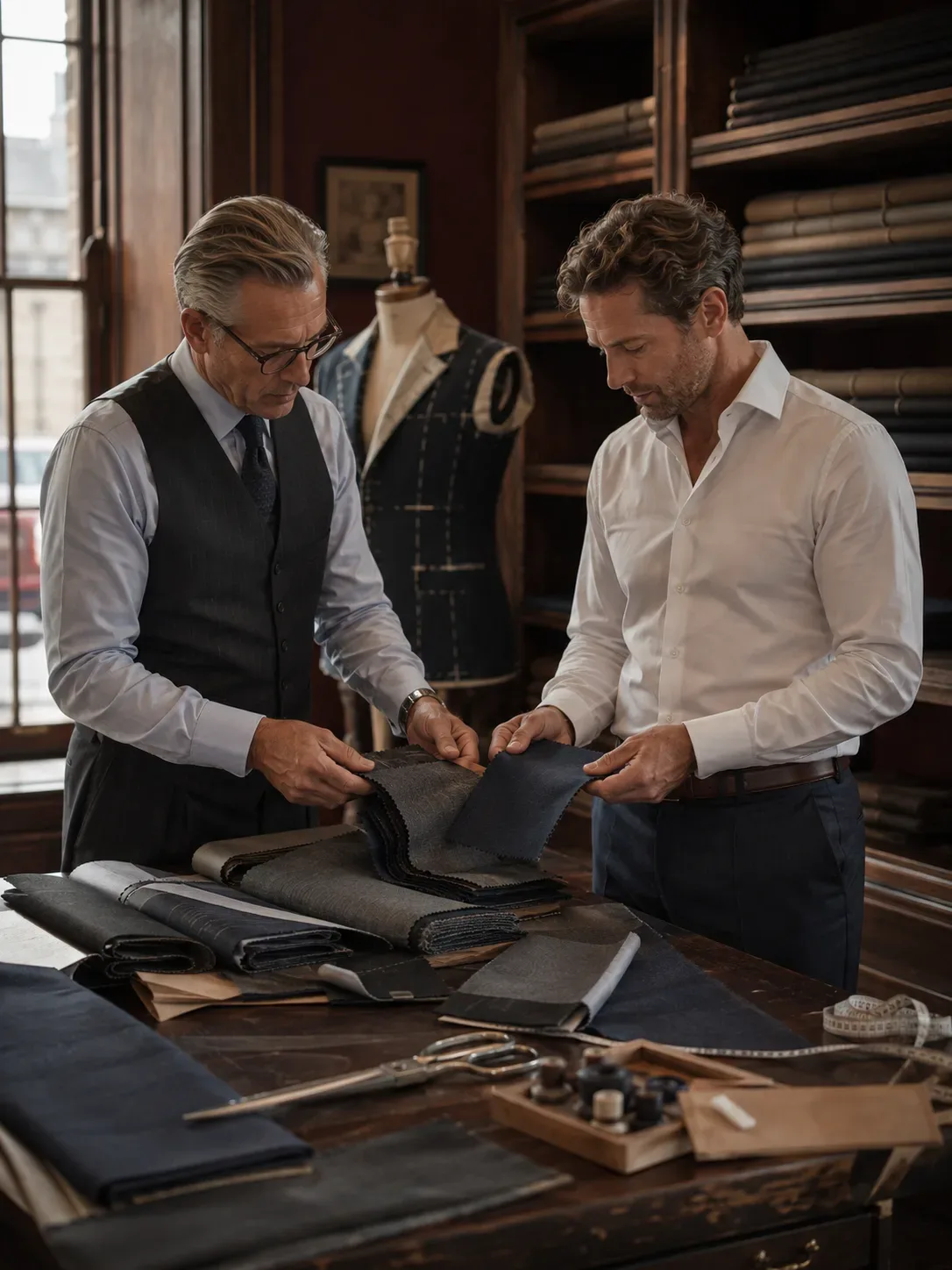 Elegante heer in een op maat gesneden donker pak van Tailors