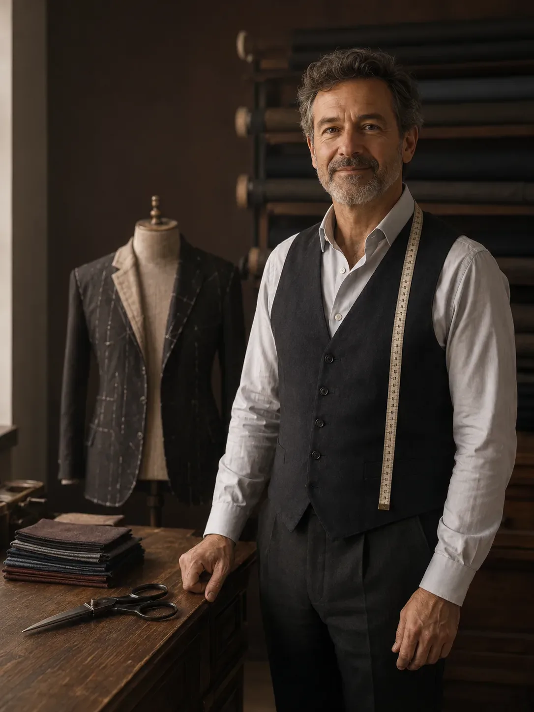 Kleermaker van Tailors bespreekt stofstalen met een klant in het atelier